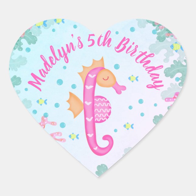 Seahorse Under The Sea Cute Birthday Heart Sticker (Front)