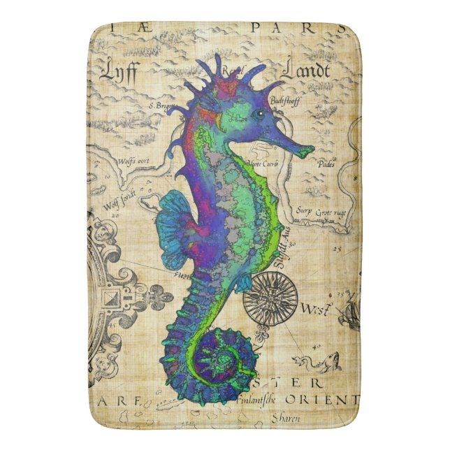Seahorse Vintage Comic Map Bath Mat (Front Vertical)