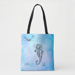 Seahorse, Whale and Seashell on Blue Watercolor Tote Bag