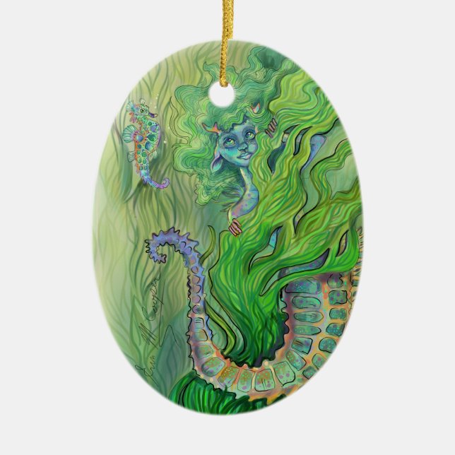 Seahorse Whisperer Mermaid Ceramic Tree Decoration (Front)