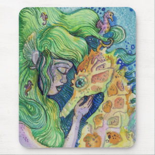 Seahorse Whisperer Mermaid watercolor art Mouse Pad