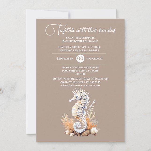 Seahorse white beach theme coastal chic invitation (Front)