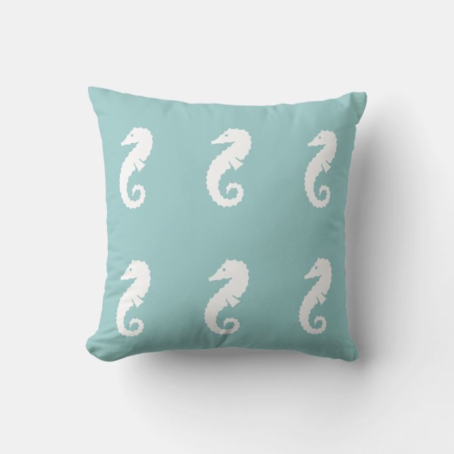 SEAHORSE WHITE on  blue pillow (Front)