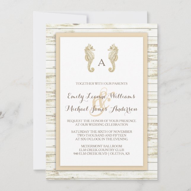 Seahorse Whitewashed Wood Beach Wedding Invitation (Front)