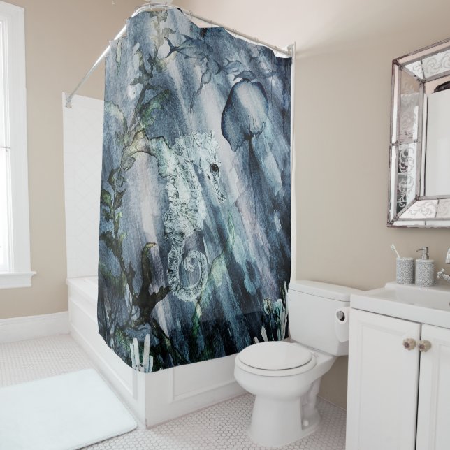 Seahorse with Jellyfish in the blue sea Shower Curtain (In Situ)