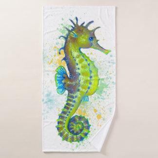 Seahorse Yellow Lime Green Splash Ink Bath Towel Set
