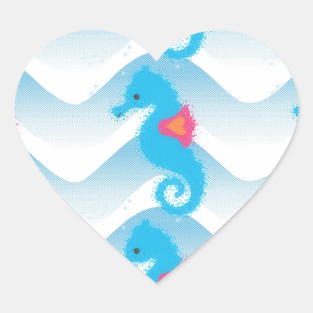 Seahorses And Blue Waves Pattern Heart Sticker (Front)