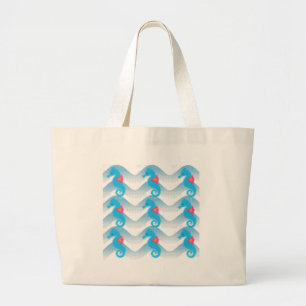Seahorses And Blue Waves Pattern Large Tote Bag