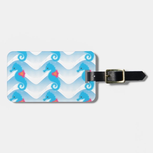 Seahorses And Blue Waves Pattern Luggage Tag (Front Horizontal)
