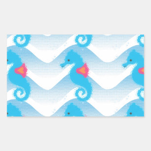 Seahorses And Blue Waves Pattern Rectangular Sticker