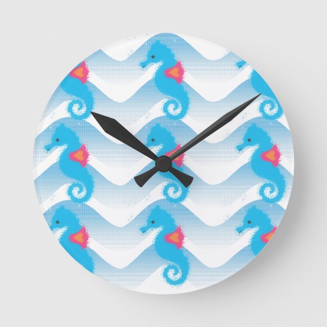 Seahorses And Blue Waves Pattern Round Clock (Front)