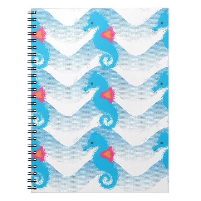 Seahorses And Blue Waves Pattern Spiral Notebook (Front)