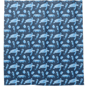 Seahorses and Sea Turtles Navy Blue Shower Curtain