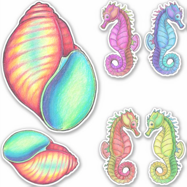 Seahorses and Shell Vinyl Sticker Set (Front)