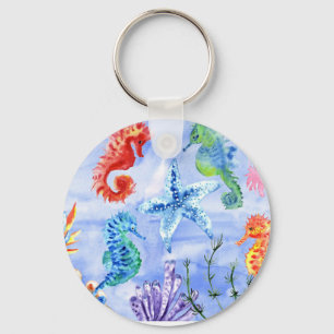 Seahorses And Starfish With Corals Pattern Key Ring