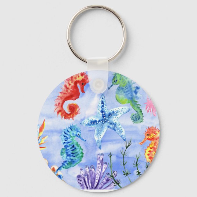 Seahorses And Starfish With Corals Pattern Key Ring (Front)