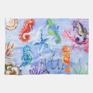 Seahorses And Starfish With Corals Pattern Tea Towel