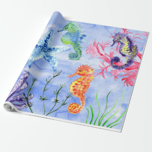 Seahorses And Starfish With Corals Pattern Wrapping Paper