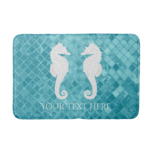 Seahorses Aqua Sea Glass Personalise Bath Mat