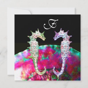 SEAHORSES BEACH WEDDING MONOGRAM, pink blue black Invitation