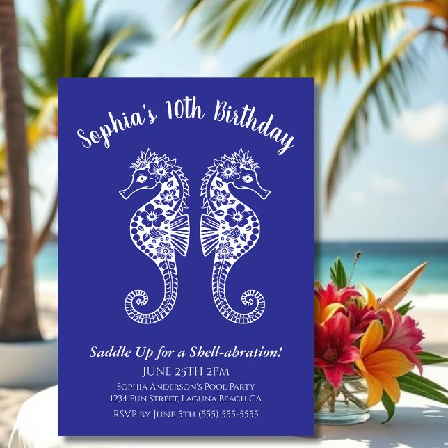Seahorses-Birthday Party Invitation (Sea Horses-Fisherman Core-Hawaiian-Tropical-Birthday party invitations-Deep Blue)