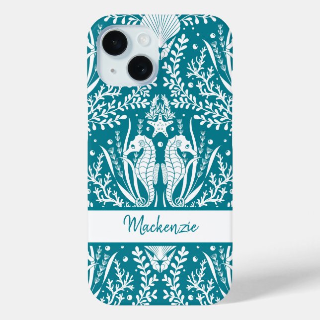 Seahorses Damask Teal Blue White Personalised Case-Mate iPhone Case (Back)