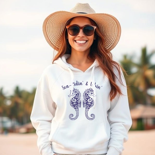 Seahorses-Fisherman Core-Hawaiian Tropical-Blue Hoodie (Sea Horse-Fisherman Core-Hawaiian-Tropical-Beach Hoodie-Summer Trend-Dark Blue)