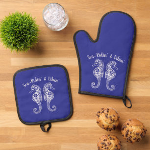 Seahorses-Hawaiian-Fisherman Core-Deep Blue Oven Mitt & Pot Holder Set
