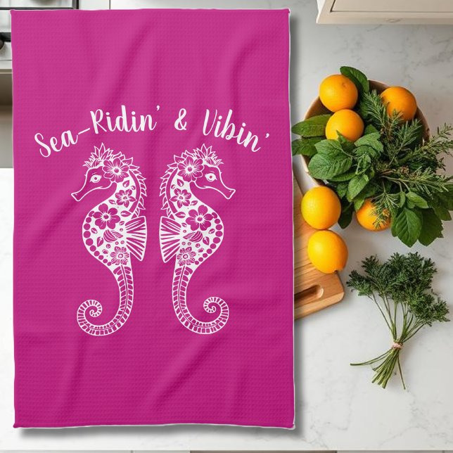 Seahorses-Hawaiian-Fisherman Core-Pink Tea Towel (Sea Horses-Fisherman Core-Hawaiian Style-Tropical-Kitchen Towel-Pink)