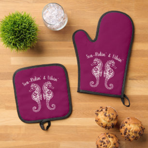 Seahorses-Hawaiian-Fisherman Core-Wine Color Oven Mitt & Pot Holder Set