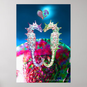 SEAHORSES IN LOVE AND PINK BLUE MOTHER OF PEARL POSTER