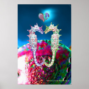 SEAHORSES IN LOVE AND PINK BLUE MOTHER OF PEARL POSTER