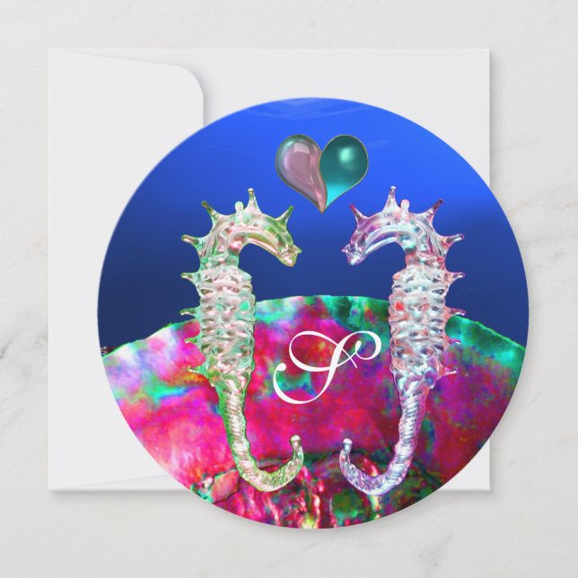 SEAHORSES IN LOVE BEACH WEDDING MONOGRAM INVITATION (Front)