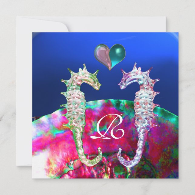 SEAHORSES IN LOVE BEACH WEDDING MONOGRAM INVITATION (Front)