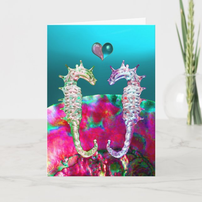 SEAHORSES IN LOVE,BLUE PINK NACRE,Valentine's Day Holiday Card (Front)