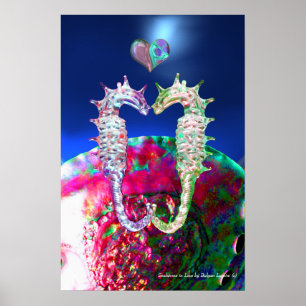 SEAHORSES IN LOVE , PINK BLUE MOTHER OF PEARL POSTER