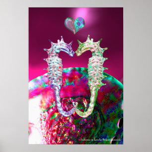 SEAHORSES IN LOVE PINK FUCHSIA MOTHER OF PEARL POSTER