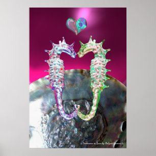 SEAHORSES IN LOVE PINK FUCHSIA MOTHER OF PEARL POSTER