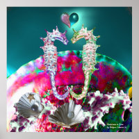 SEAHORSES IN LOVE , PINK TEAL BLUE MOTHER OF PEARL