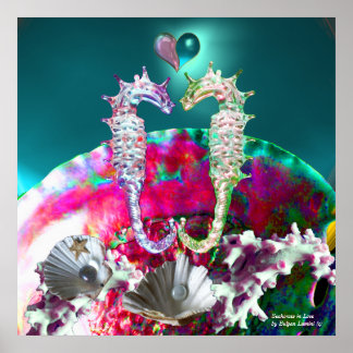 SEAHORSES IN LOVE , PINK TEAL BLUE MOTHER OF PEARL POSTER