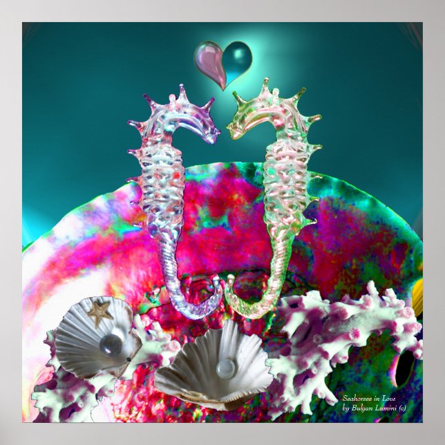 SEAHORSES IN LOVE , PINK TEAL BLUE MOTHER OF PEARL POSTER (Front)