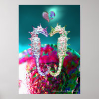SEAHORSES IN LOVE , PINK TEAL BLUE MOTHER OF PEARL
