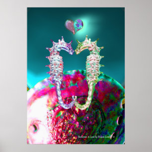 SEAHORSES IN LOVE , PINK TEAL BLUE MOTHER OF PEARL POSTER