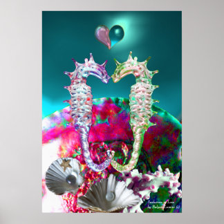 SEAHORSES IN LOVE , PINK TEAL BLUE MOTHER OF PEARL POSTER