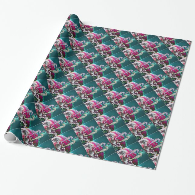 SEAHORSES IN LOVE , PINK TEAL BLUE MOTHER OF PEARL WRAPPING PAPER (Unrolled)