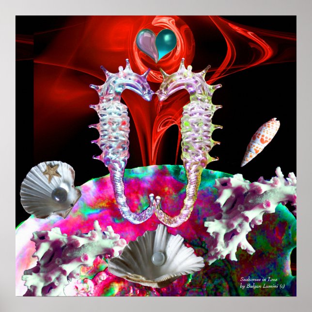 SEAHORSES IN LOVE ,RED PINK BLUE MOTHER OF PEARL POSTER (Front)