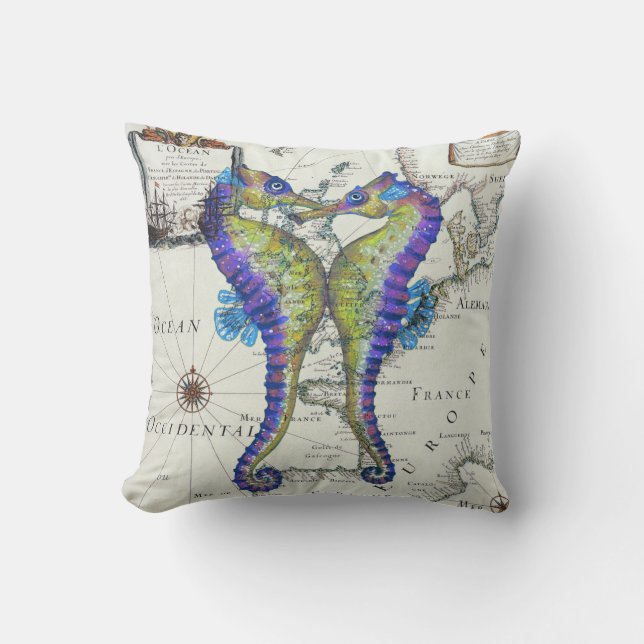 Seahorses Love Map Cushion (Front)