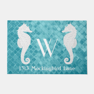 Seahorses Monogram Aqua Sea Glass Doormat