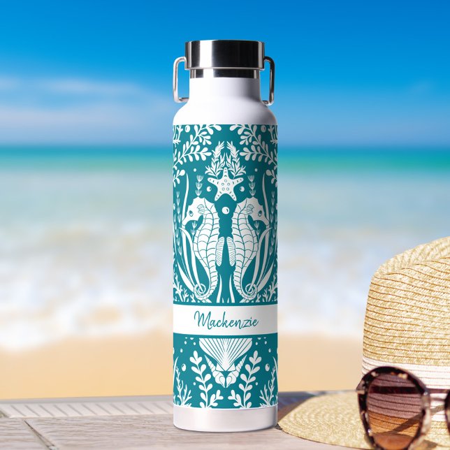 Seahorses Ocean Sea Life Teal Blue Personalised Water Bottle (Creator Uploaded)