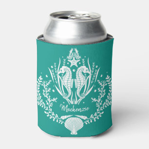 Seahorses Ocean Teal Personalised Can Cooler